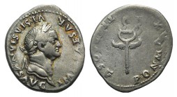 Vespasian (69-79). AR Denarius (20mm, 3.21g, 5h). Rome, AD 74. Laureate head r. R/ Winged caduceus. RIC II 703; RSC 362. Double-strike on reverse, VF