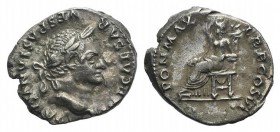 Vespasian (69-79). AR Denarius (17mm, 3.41g, 6h). Rome, AD 75. Laureate head r. R/ Pax seated l., holding branch. RIC II 772; RSC 366. Dark patina, VF