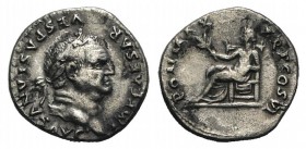Vespasian (69-79). AR Denarius (18mm, 3.22g, 12h). Rome, AD 75. Laureate head r. R/ Pax seated l., holding branch. RIC II 772; RSC 366. Lightly toned,...