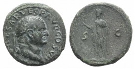 Vespasian (69-79). Æ As (27mm, 13.37g, 6h). Rome, AD 76. Laureate head r. R/ Spes standing l., holding flower and raising hem of dress. RIC II 894. VF...