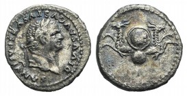 Divus Vespasian (died 79). AR Denarius (17mm, 2.91g, 6h). Rome, 80-1. Laureate head r. R/ Foreparts of two capricorns springing in opposing directions...