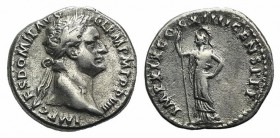 Domitian (81-96). AR Denarius (18mm, 3.42g, 7h). Rome, 88-9. Laureate head r. R/ Minerva standing l., holding thunderbolt and sceptre, shield at feet ...