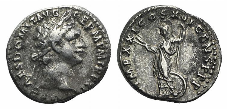 Domitian (81-96). AR Denarius (18mm, 3.31g, 6h). Rome, 91-2. Laureate head r. R/...