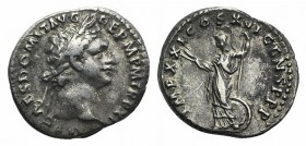 Domitian (81-96). AR Denarius (18mm, 3.31g, 6h). Rome, 91-2. Laureate head r. R/ Minerva standing l. with thunderbolt and spear, shield at her l. side...