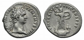 Domitian (81-96). AR Denarius (17mm, 3.40g, 6h). Rome, 93-4. Laureate head r. R/ Minerva standing l. on galley, wearing aegis, and brandishing spear a...
