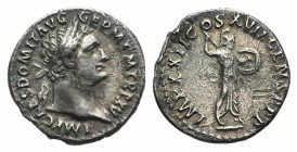 Domitian (81-96). AR Denarius (18mm, 3.02g, 7h). Rome, 95-6. Laureate head r. R/ Minerva standing facing, head r., brandishing javelin and holding shi...