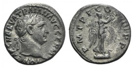 Trajan (98-117). AR Denarius (17mm, 2.80g, 6h). Rome, 101-2. Laureate head r. R/ Victory standing r. on prow, holding wreath and palm. RIC II 59; RSC ...