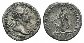 Trajan (98-117). AR Denarius (18mm, 3.17g, 6h). Rome, 112-3. Laureate bust of r., slight drapery on far shoulder. R/ Arabia standing facing, head l., ...