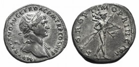 Trajan (98-117). AR Denarius (19mm, 2.89g, 6h). Rome, 113-4. Laureate bust r., slight drapery. R/ Mars adancing r., holding spear and trophy. RIC II 2...