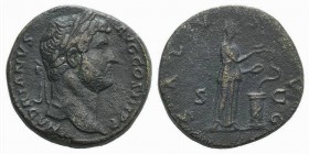 Hadrian (117-138). Æ Sestertius (29mm, 22.55g, 6h). Rome, 134-8. Laureate head r. R/ Salus standing r., holding patera and feeding serpent rising from...