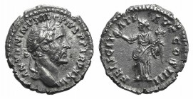 Antoninus Pius (138-161). AR Denarius (16mm, 3.20g, 12h). Rome, 159-160. Laureate head r. R/ Felicitas standing l., holding globe and cornucopia. RIC ...