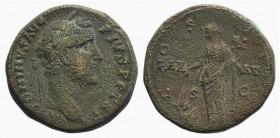 Antoninus Pius (138-161). Æ Sestertius (29mm, 29.61g, 12h). Rome, 145-7. Laureate head r. R/ Pax standing l., setting fire to pile of arms with torch ...