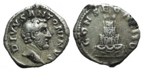 Divus Antoninus Pius (died 161). AR Denarius (17mm, 3.22g, 6h). Rome, 161. Bare head r. R/ Funeral pyre of four tiers, decorated with garlands, surmou...