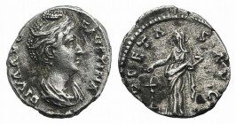 Diva Faustina Senior (died 140/1). AR Denarius (17mm, 3.03g, 7h). Rome, AD 141. Draped bust r. R/ Pietas standing facing, head l., dropping incense on...