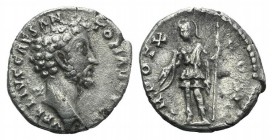 Marcus Aurelius (Caesar, 139-161). AR Denarius (17mm, 2.88g, 6h). Rome, 155-6. Bare head r. R/ Virtus standing l., holding spear and parazonium. RIC I...