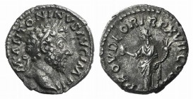 Marcus Aurelius (161-180). AR Denarius (16mm, 3.35g, 12h). Rome, 162-3. Laureate head r. R/ Providentia standing facing, head l. holding globe and cor...