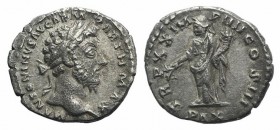 Marcus Aurelius (161-180). AR Denarius (18mm, 3.11g, 12h). Rome, AD 166. Laureate head r. R/ Pax standing l., holding branch in her r. hand and cornuc...