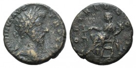 Marcus Aurelius (161-180). Æ As (30mm, 9.12g, 12h). Rome, 169-170. Laureate head r. R/ Fortuna seated l., holding rudder and cornucopia. RIC III 976. ...