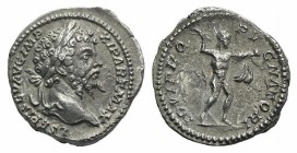 Septimius Severus (193-211). AR Denarius (18mm, 2.38g, 8h). Rome, c. AD 199. Laureate head r. R/ Jupiter advancing r., brandishing thunderbolt, cloak ...
