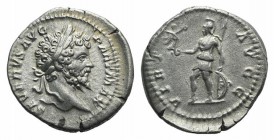 Septimius Severus (193-211). AR Denarius (20mm, 3.20g, 12h). Rome, circa 200-201. Laureate head r. R/ Virtus standing l., holding Victory, spear, and ...