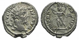 Septimius Severus (193-211). AR Denarius (20mm, 3.38g, 12h). Rome, AD 208. Laureate head r. R/ Jupiter standing fcing, looking r., brandishing thunder...