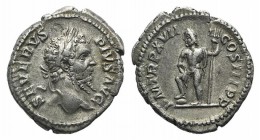 Septimius Severus (193-211). AR Denarius (20mm, 3.82g, 12h). Rome, AD 209. Laureate head r. R/ Neptune standing l., leaning on raised r. leg set on ro...