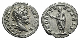 Septimius Severus (193-211). AR Denarius (19mm, 3.20g, 6h). Rome, 201-2. Laureate head r. R/ Septimius, veiled, standing l., holding branch and roll. ...