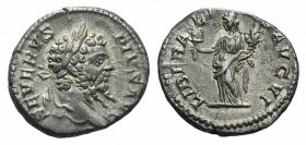 Septimius Severus (193-211). AR Denarius (18mm, 3.40g, 6h). Rome, AD 209. Laureate head r. R/ Liberalitas standing l., holding abacus and cornucopia. ...