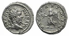 Septimius Severus (193-211). AR Denarius (19mm, 3.35g, 1h). Rome, 201-2. Laureate head r. R/ Victory advancing l., holding wreath and palm. RIC IV 295...