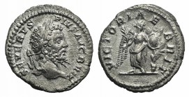 Septimius Severus (193-211). AR Denarius (17m, 2.20g, 6h). Roma, 210-211. Laureate head r. R/ Victory standing facing, head r., holding palm frond and...