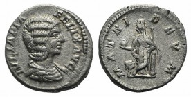 Julia Domna (Augusta, 193-217). AR Denarius (18mm, 2.98g, 6h). Rome, 211-5. Draped bust r. R/ Cybele, towered, standing front, head l., legs crossed, ...