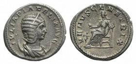 Julia Domna (Augusta, 193-217). Antoninianus (22mm, 5.14g, 6h). Rome, c. 215-7. Draped bust r., wearing stephane, set on crescent. R/ Venus seated l.,...