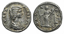 Julia Domna (Augusta, 193-217). AR Denarius (17mm, 3.08g, 12h). Rome, c. 200-7. Draped bust r. R/ Hilaritas standing l., holding long palm and sceptre...