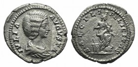 Julia Domna (Augusta, 193-217). AR Denarius (19mm, 3.15g, 11h). Rome, c. 200-7. Draped bust r. R/ Isis standing r., suckling Horus. RIC IV 577 (Severu...