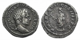 Caracalla (198-217). AR Denarius (19mm, 3.18g, 12h). Rome, AD 214. Laureate head r. R/ Caracalla standing l., holding branch and baton. RIC IV 246; RS...