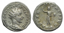 Gordian III (238-244). AR Antoninianus (22mm, 4.02g, 7h). Rome, 241-3. Radiate, draped and cuirassed bust r. R/ Sol standing facing, head l., extendin...