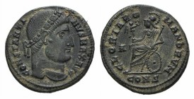 Constantine I (307/310-337). Æ Follis (19mm, 3.02g, 12h). Constantinople, AD 327. Laureate head r. R/ Roma seated l. on shield, holding Victory on glo...