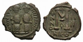 Justin II and Sophia (565-578). Æ 40 Nummi (31mm, 14.52g, 6h). Nicomedia, year 4 (568/9). Crowned and cuirassed bust facing, holding cross on globe an...