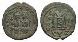 Justin II and Sophia (565-578). Æ 40 Nummi (33mm, 14.57g, 6h). Cyzicus, year 3 (567/8). Justin, holding globus cruciger, and Sophia, holding cruciform...