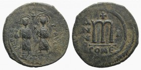 Phocas and Leontia (602-610). Æ 40 Nummi (32mm, 12.59g, 1h). Constantinople, year 1 (602/3). Phocas, holding globus cruciger, and Leontia, holding cru...