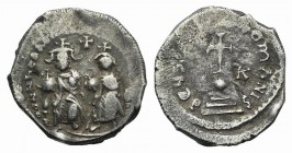 Heraclius with Heraclius Constantine (610-641). AR Hexagram (22mm, 6.69g, 1h). Constantinople, 615-638. Heraclius and Heraclius Constantine seated fac...