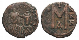 Leo III and Constantine V (717-741). Æ 40 Nummi (21mm, 4.64g, 6h). Constantinople, c. 735-741. Crowned facing busts of Leo and Constantine, each holdi...