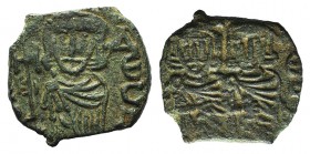 Constantine V (741-775). Æ 40 Nummi (19mm, 3.41g, 6h). Syracuse, 751-775. Draped busts of Constantine V and Leo IV facing, holding akaka. R/ Facing bu...