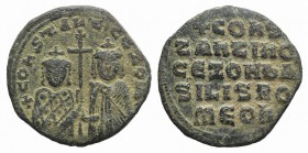 Constantine VII and Zoe (913-959). Æ 40 Nummi (26mm, 6.64g, 6h). Constantinople, 914-919. Crowned facing busts of Constantine, beardless and wearing l...