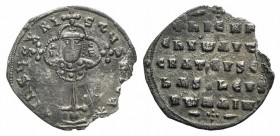 Nicephorus II (963-969). AR Miliaresion (21mm, 2.08g, 6h). Constantinople. Cross-crosslet set on globus above two steps; in central medallion, crowned...