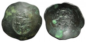 Isaac II (1185-1195). BI Aspron Trachy (29mm, 4.64g, 6h). Constantinople. The Theotokos enthroned facing. R/ Emperor standing facing, holding crucifor...