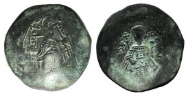Isaac II (First reign, 1185-1195). BI Trachy (25mm, 2.10g, 6h). Constantinople. The Theotokos seated facing on throne, holding head of Holy Infant on ...