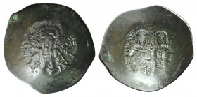 Alexius III (1195-1204). BI Aspron Trachy (28mm, 4.24g, 6h). Constantinople. Bust of Christ facing. R/ Alexius and St. Constantine standing facing, ho...