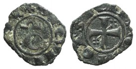 Italy, Sicily, Messina. Corrado II (1254-1258). BI Denaro (15mm, 0.67g). Large C. R/ Cross. Spahr 177. Green patina, VF