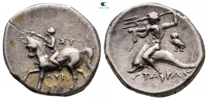 Calabria. Tarentum circa 275-240 BC. 
Didrachm AR

19 mm, 6,37 g

Naked rid...